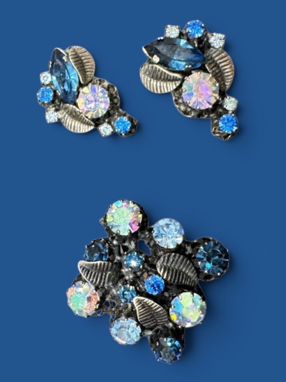 Vintage Brooch and Clip-on Earrings Set Blue and AB Faceted Stones by Triad
